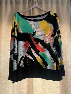 eva varro Black Top with Teal, Yellow & Red Abstract Brushstrokes